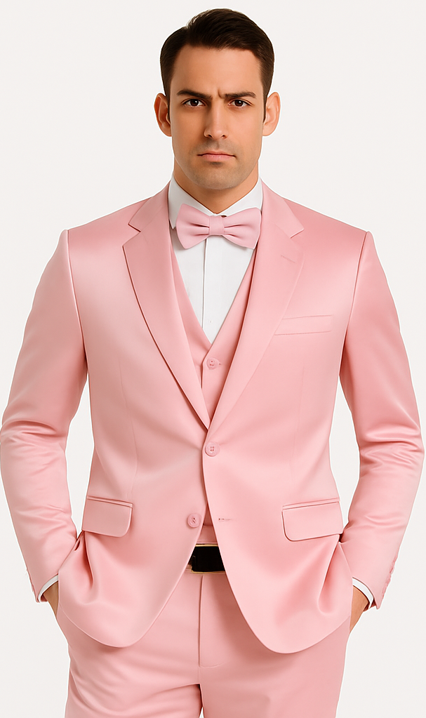 Men's Tazzio dusty rose satin three-piece suit. Slim fit with peak lapel, double-breasted vest, and tailored trousers. Smooth, shiny satin fabric. Single-button jacket, straight-leg trousers.
