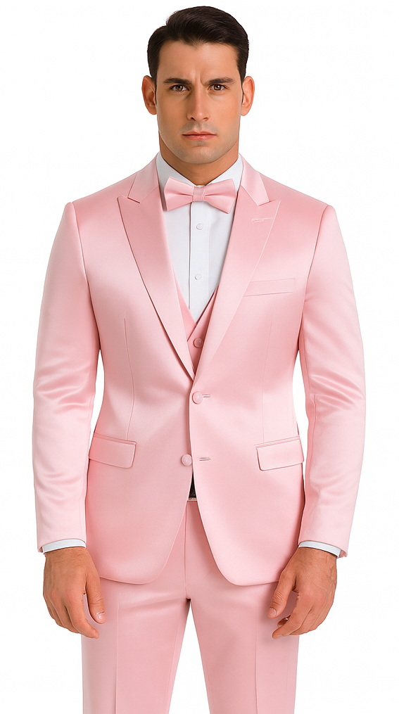 Men's dusty rose satin three-piece suit. Slim fit, peak lapel, double-breasted vest. Includes jacket, trousers, and bow tie. Shiny satin finish emphasizing tailored silhouette.
