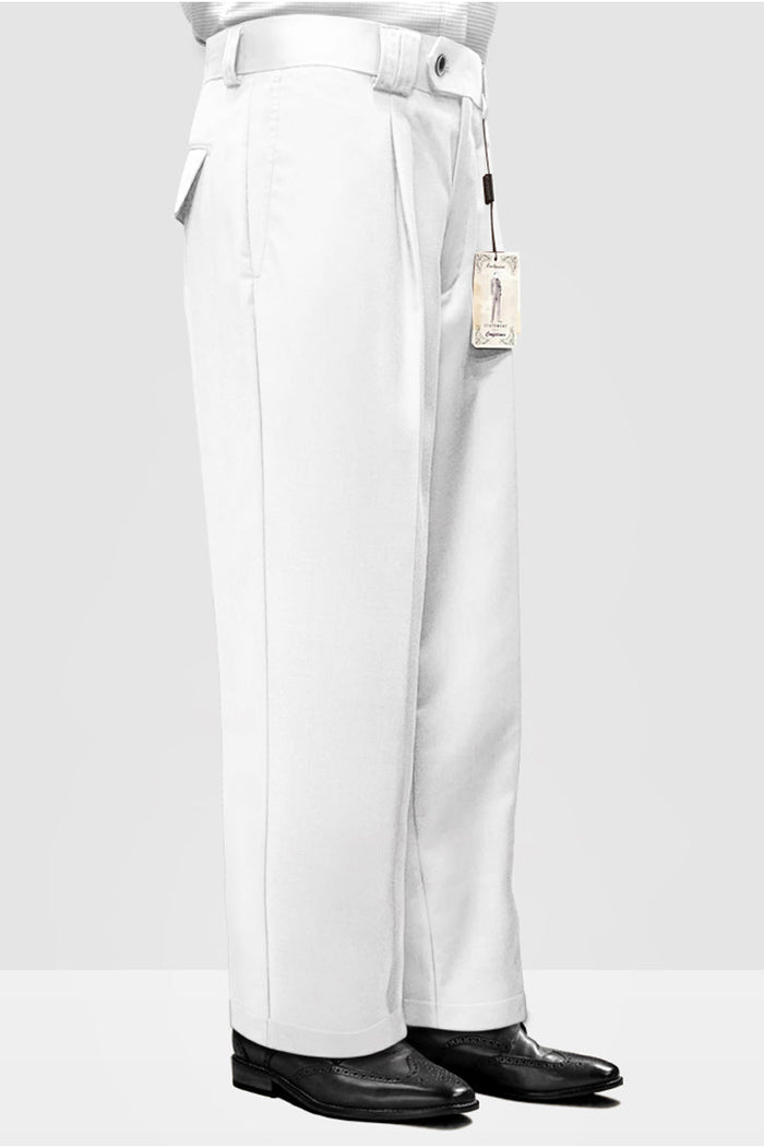 White Italian wool wide-leg dress pants with a high waist, pleats, and a relaxed, slightly flared cut. They feature a smooth, lightweight fabric and a matching belt for a polished, clean silhouette.
