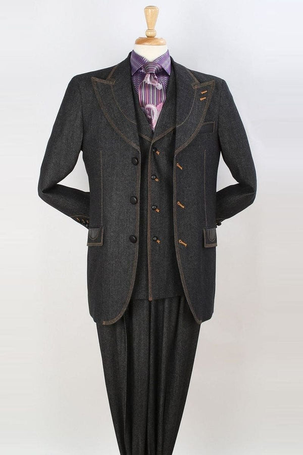 "Black Denim Men's Suit with Vested Peak Lapel & Wide Leg Pants"