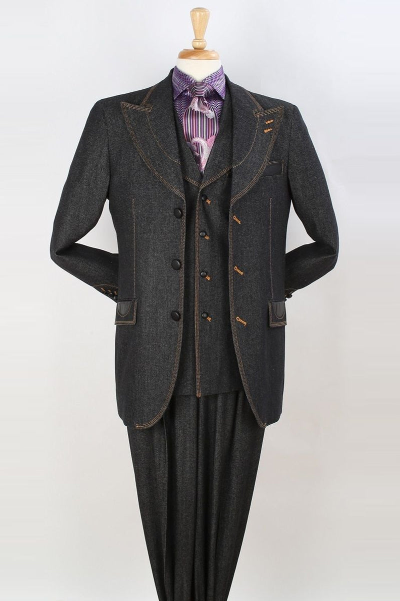 Apollo King Black Denim Suit: Vested Peak Lapel Wide Leg