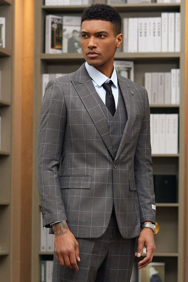 Mens Stacy Adams Suit - Stacy Adams Suit Men's Charcoal Windowpane Suit - One Button Peak Lapel with Vest