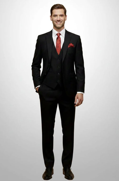 Mens Giovanni Testi 3 Piece Suit in Black – Notch Lapel 2 Button Jacket with Side Vents & Comfort Flex Waist Pants