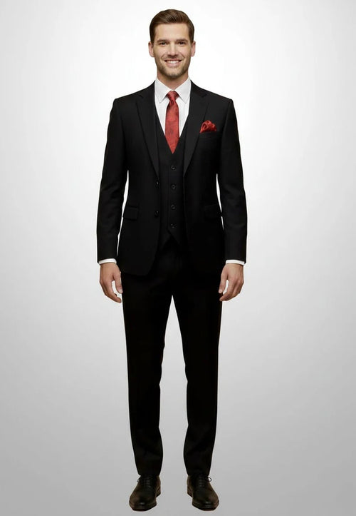 Mens Giovanni Testi 3 Piece Suit in Black – Notch Lapel 2 Button Jacket with Side Vents & Comfort Flex Waist Pants