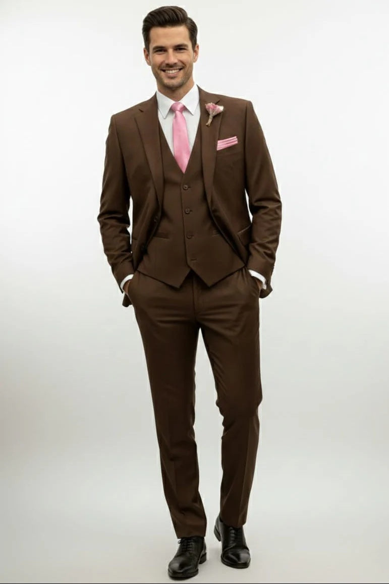 Mens Giovanni Testi Brown Suit Set – 2 Button Notch Lapel Blazer with Pick Stitching & Comfort Waist Pants