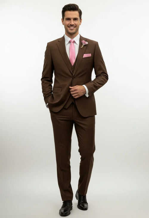 Mens Giovanni Testi Brown Suit Set – 2 Button Notch Lapel Blazer with Pick Stitching & Comfort Waist Pants