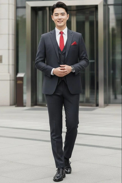 Mens Giovanni Testi Charcoal 3 Piece Suit   – 2 Button Closure, Classic Notch Lapel, Flex Waist Pants