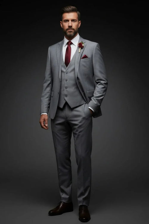 Mens Giovanni Testi 3 Piece Suit in Light Grey – Notch Lapel Blazer, Matching Vest & Flex Waist Dress Pants