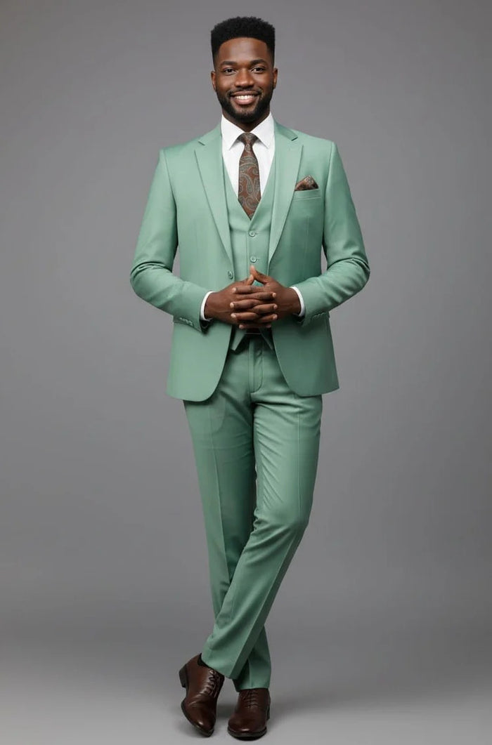 Mens Mint 3 Piece Suit – Modern Fit 2 Button Notch Lapel with Pick Stitching & Flex Waist Pants