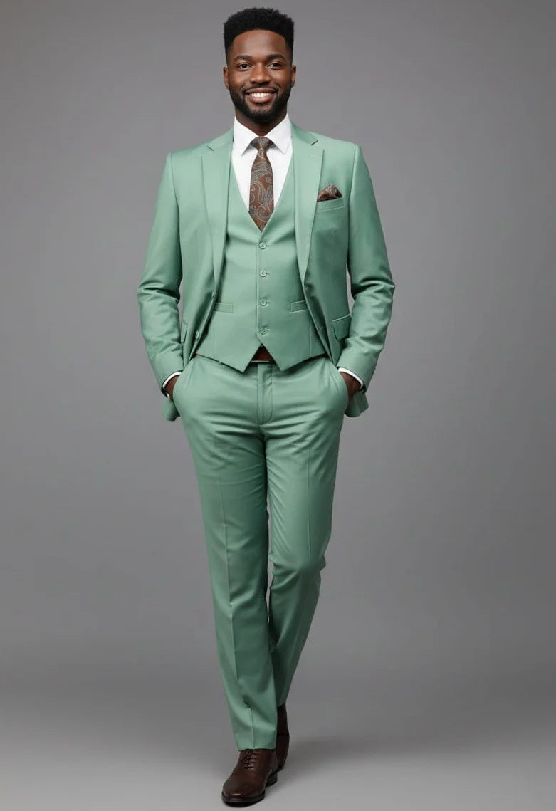 Mens Mint 3 Piece Suit – Modern Fit 2 Button Notch Lapel with Pick Stitching & Flex Waist Pants