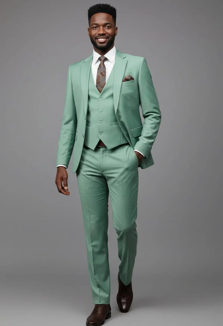 Mens Mint 3 Piece Suit – Modern Fit 2 Button Notch Lapel with Pick Stitching & Flex Waist Pants