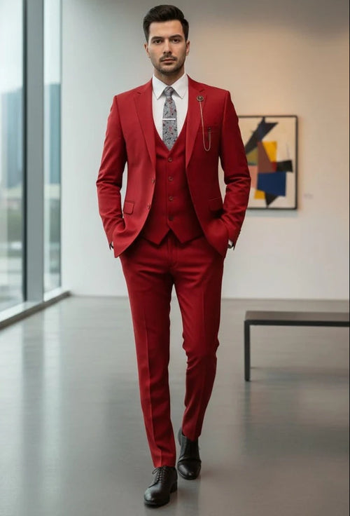 Mens Giovanni Testi Red 3 Piece Suit Set – Notch Lapel Jacket, Matching Vest, Side Vents & Comfort Waist Pants
