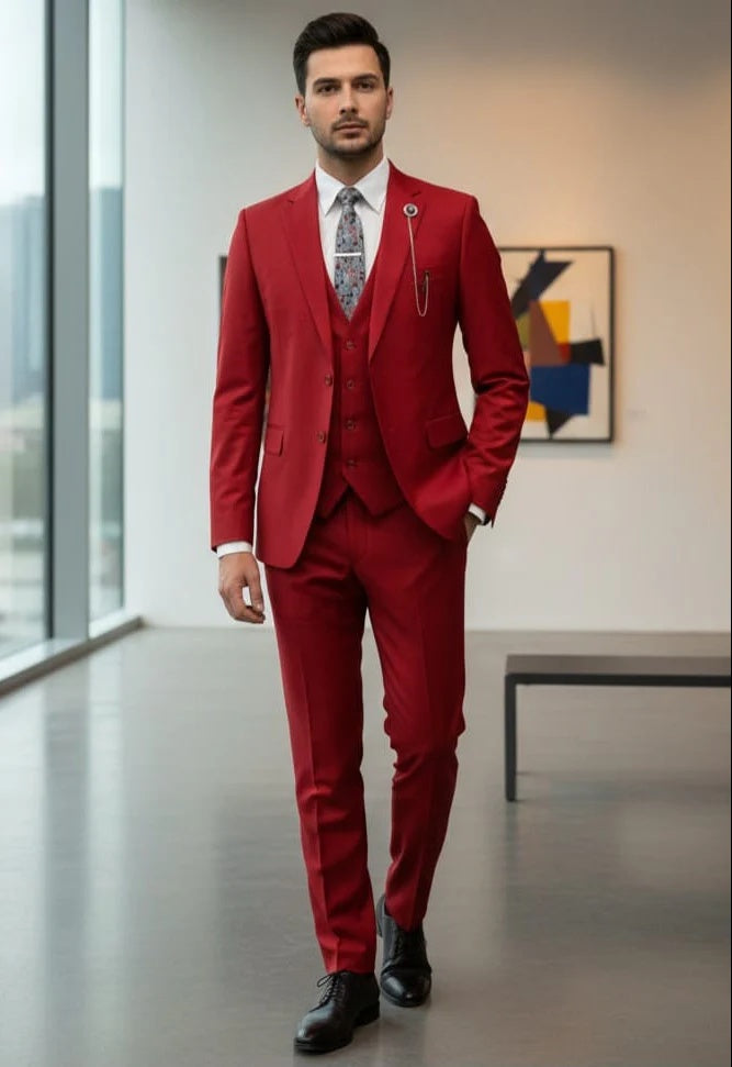 Mens Giovanni Testi Red 3 Piece Suit Set – Notch Lapel Jacket, Matching Vest, Side Vents & Comfort Waist Pants