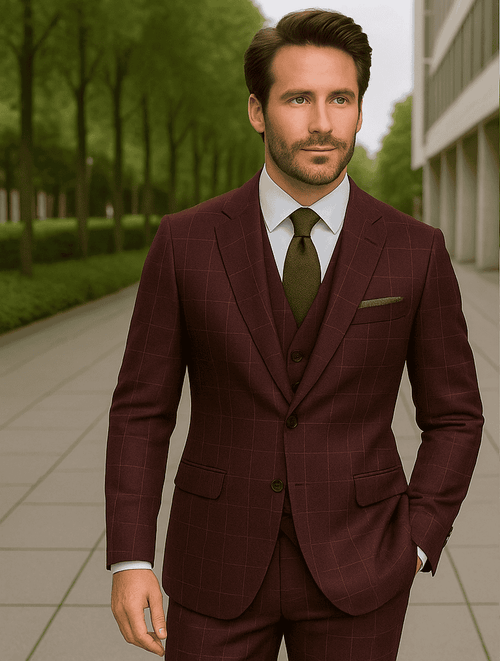 Wool Suit - Italian Made Business Suit by Statement Men's 3 Piece 100% Wool Modern Fit Suit - V-Neck Double Breasted Vest