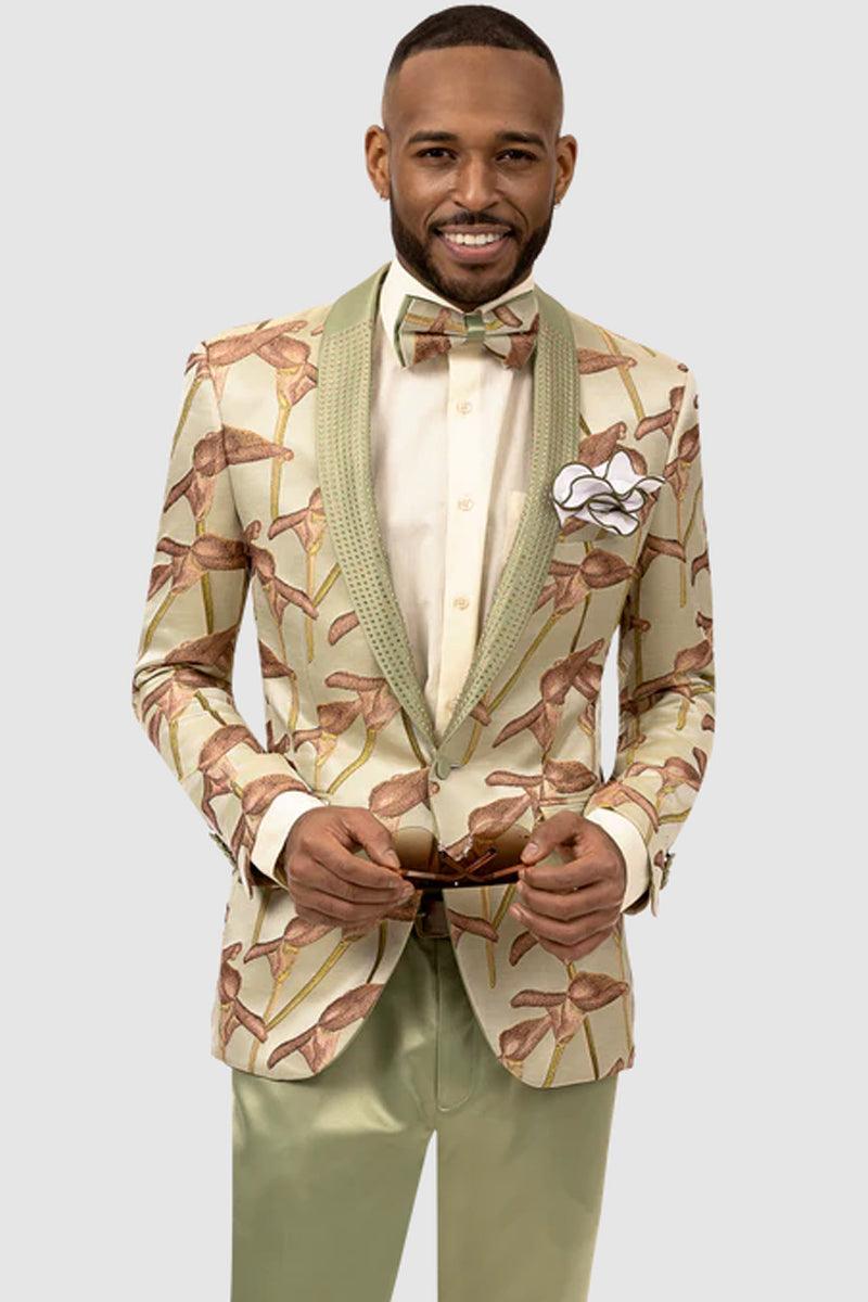 EJ Samuel Men's Floral Tuxedo: Beige & Fern Green | Alberto Nardoni