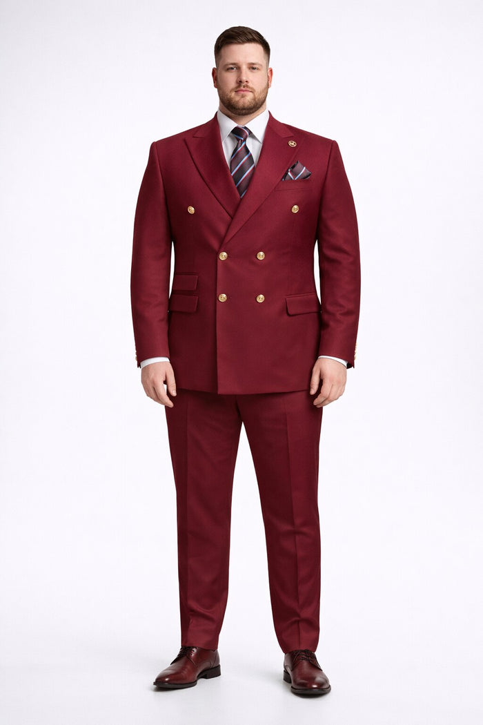 Mens Designer Modern Fit Double Breasted Wool Suit with Gold Buttons in Burgundy