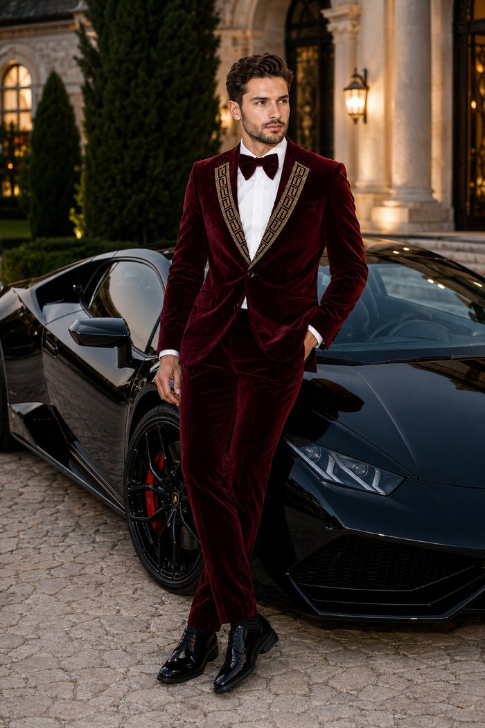 EJ Samuel Men's Burgundy Modern Fit Velvet Tuxedo with Gold Sequin Lapel