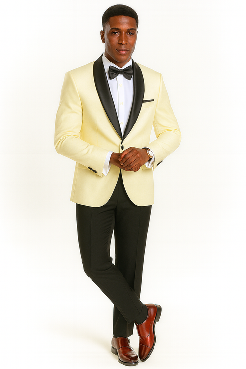 Big & tall men's suit: light ivory jacket w/ black lapels & button, paired w/ black slim-fit pants. Includes black bowtie & white dress shirt. Formal, contrasting design. Smooth material.

