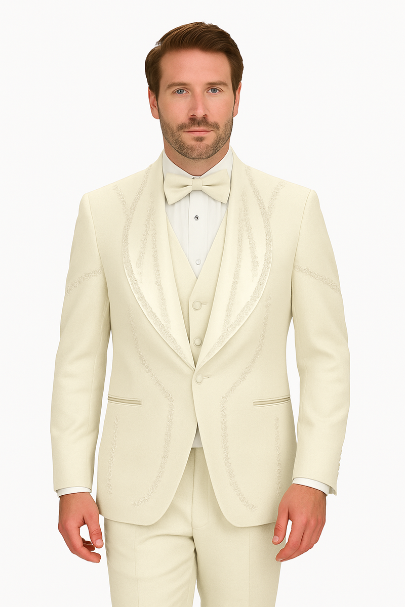 Alberto Nardoni off-white Italian wool 3-piece tuxedo. Modern fit, single-breasted jacket with notched lapel, vest, and straight trousers. Decorative stitching, smooth fabric, sleek silhouette.