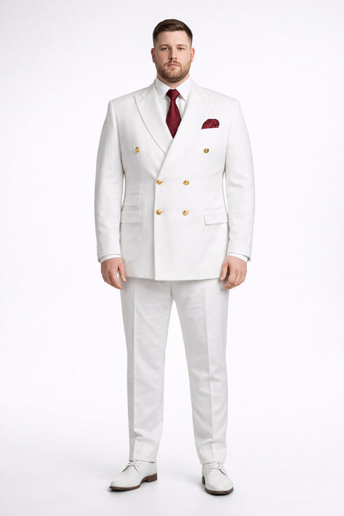 Mens Designer Modern Fit Double Breasted Suit with Gold Buttons in White