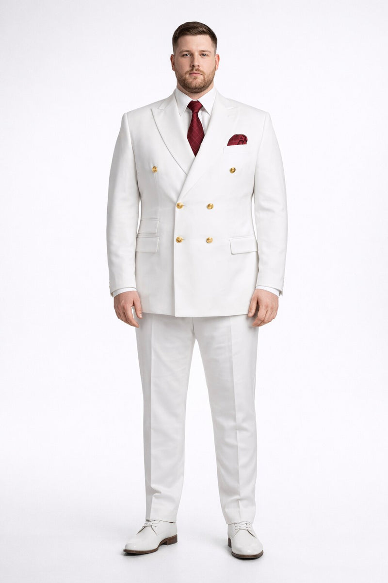 Mens Designer Modern Fit Double Breasted Suit with Gold Buttons in White