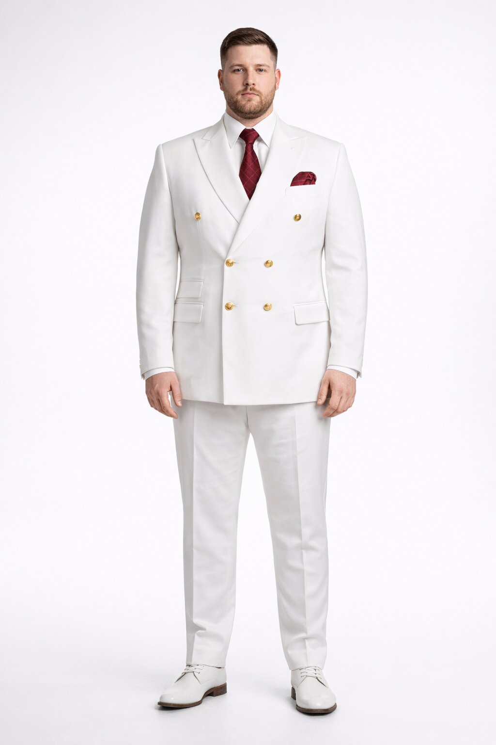 Mens Designer Modern Fit Double Breasted Suit with Gold Buttons in White