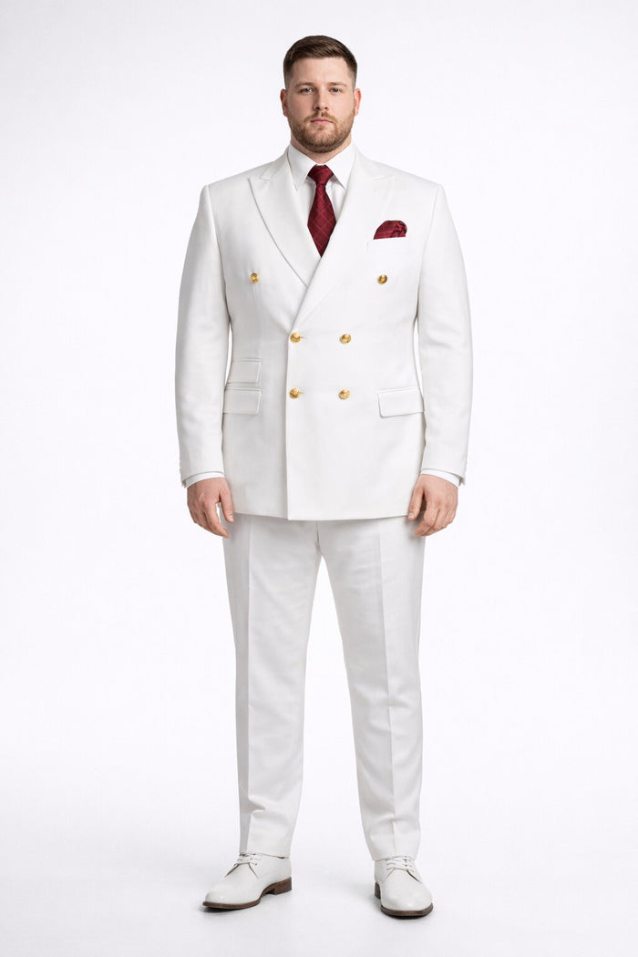 Mens Designer Modern Fit Double Breasted Suit with Gold Buttons in White