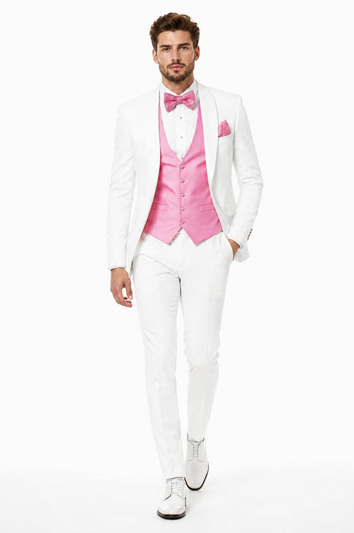 White and Light Pink Tuxedo Wedding Suit - White Dinner Jacket + Vest + Pants + Bow-tie