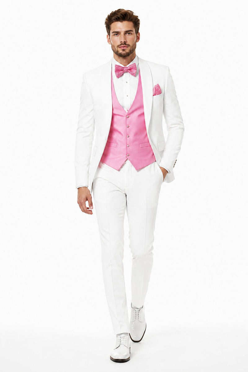White and Light Pink Tuxedo Wedding Suit - White Dinner Jacket + Vest + Pants + Bow-tie