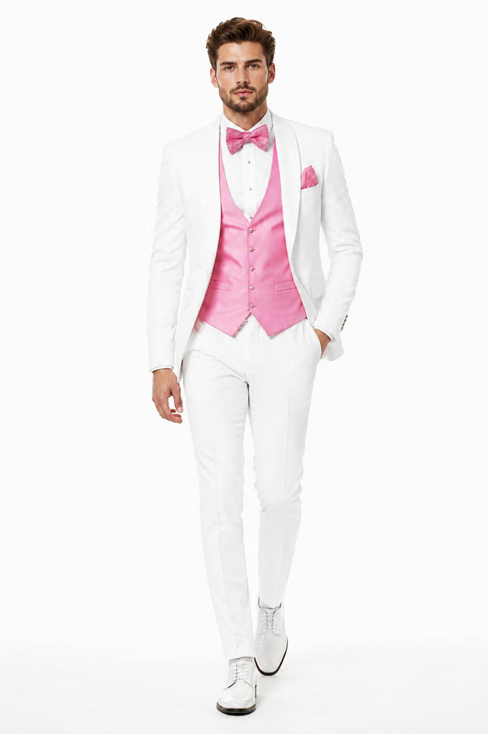 White and Light Pink Tuxedo Wedding Suit - White Dinner Jacket + Vest + Pants + Bow-tie
