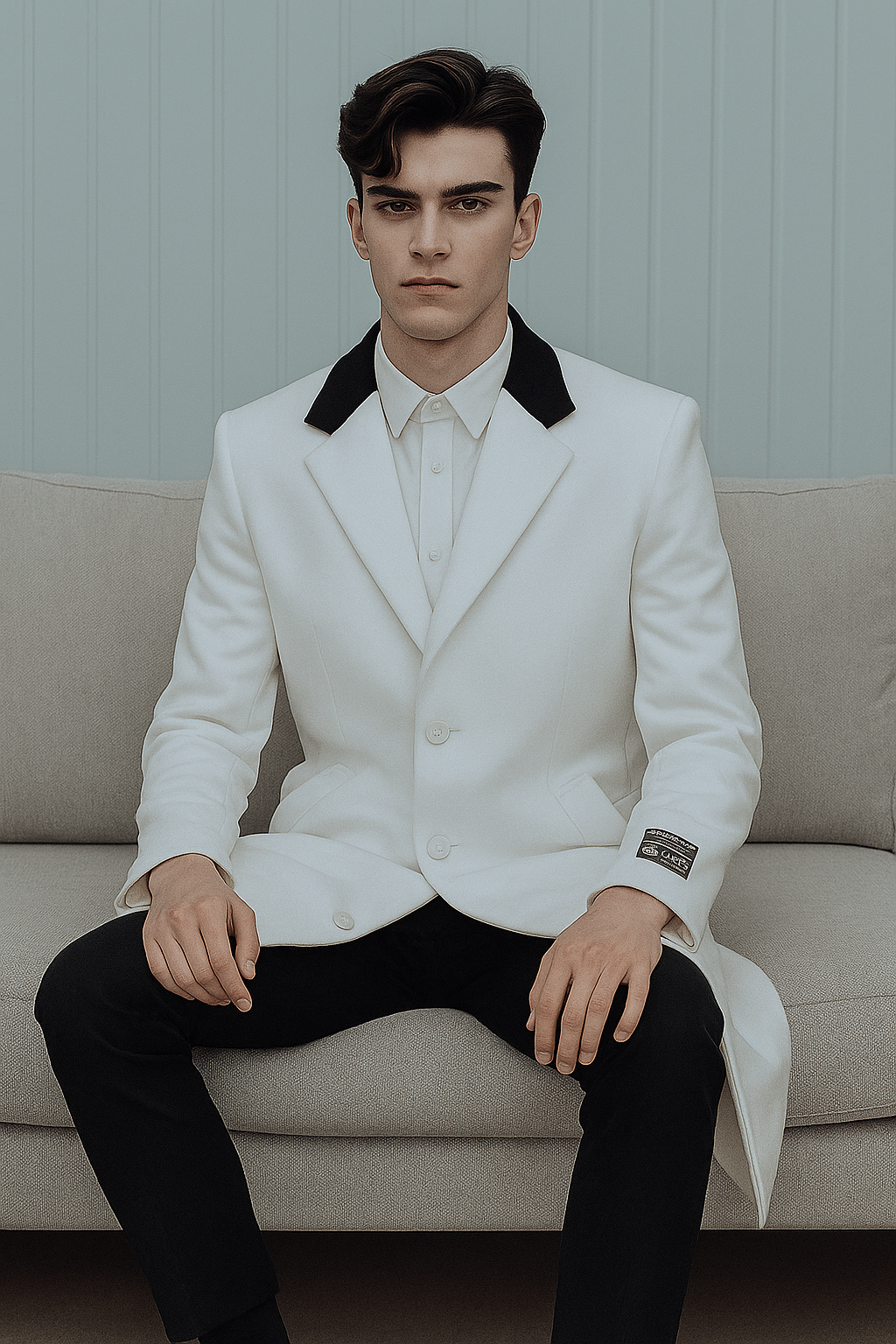 Belted White Wool And Cashmere Mens Overcoat