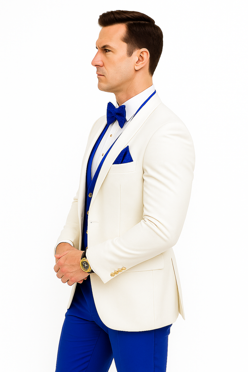 White and Royal Blue Tuxedo Wedding Suit - White Dinner Jacket + Vest + Pants + Bow-tie