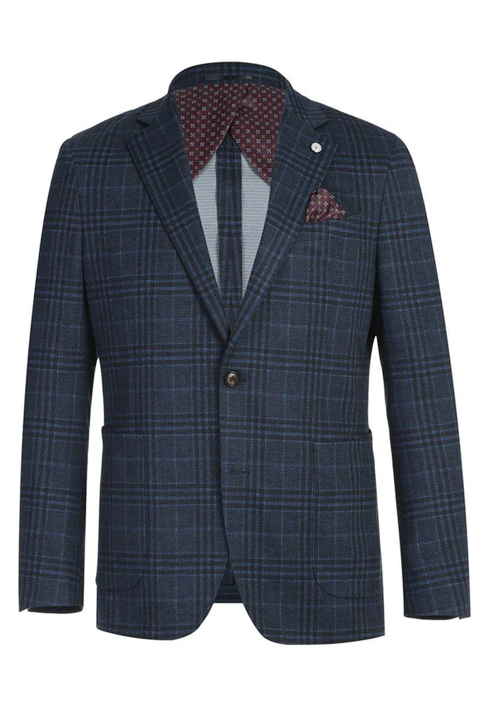 Men's slim fit blue-grey windowpane plaid blazer. Two-button closure, notched lapel, patch pockets, and maroon patterned lining. Tailored, structured fit with single-button lapel detail.
