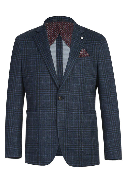 Slim-fit Pelagos blazer in blue-grey windowpane plaid. Features single-button closure, notched lapels, and front pockets. Maroon patterned lining adds a subtle contrast. Structured design.
