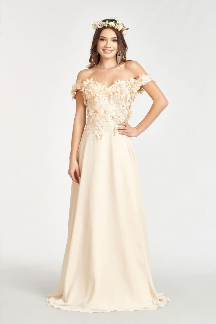 Off Shoulder Floral Chiffon Gown by Elizabeth K GL3018