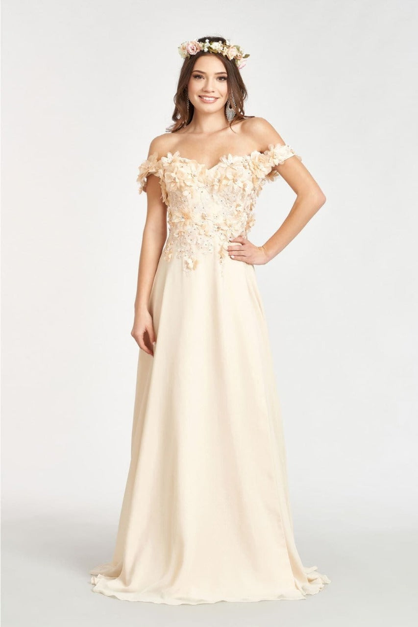 Off Shoulder Floral Chiffon Gown by Elizabeth K GL3018