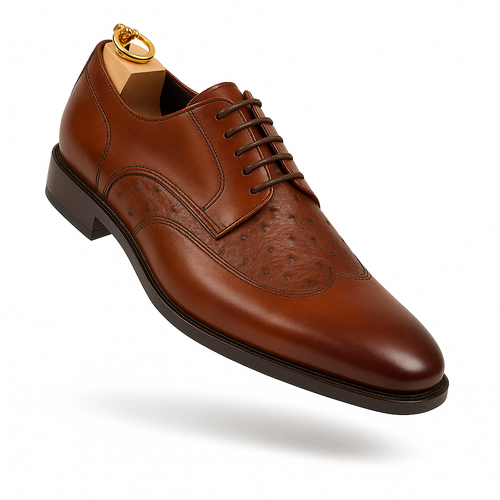 Mens Carrucci Ostrich Embossed Leather Wingtip Dress Shoe in Oxblood