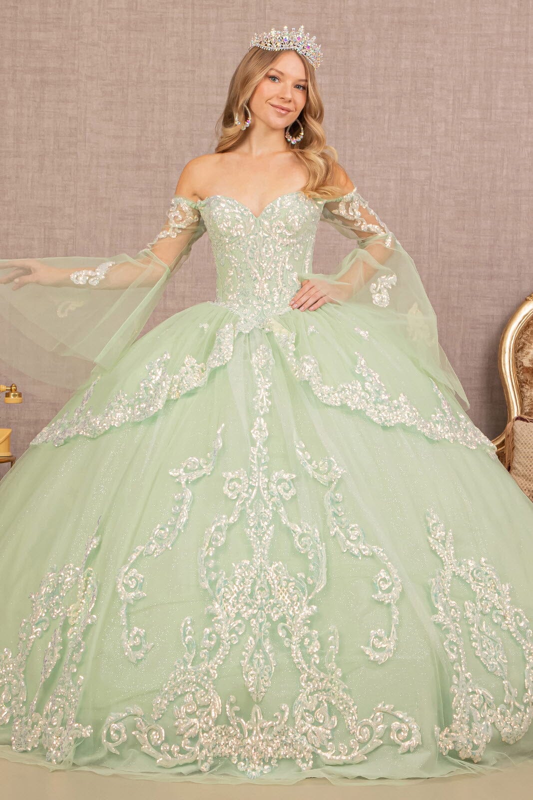 Off Shoulder Quinceañera Ball Gown with Glitter Tulle Sequin Embroidery Dress by Elizabeth K GL3109
