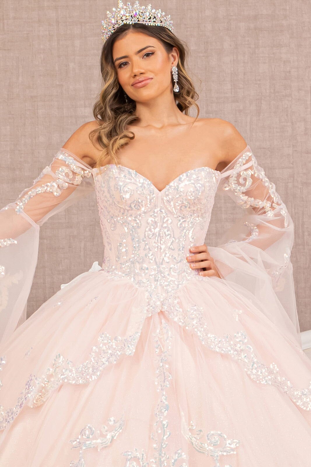 Off Shoulder Quinceañera Ball Gown with Glitter Tulle Sequin Embroidery Dress by Elizabeth K GL3109