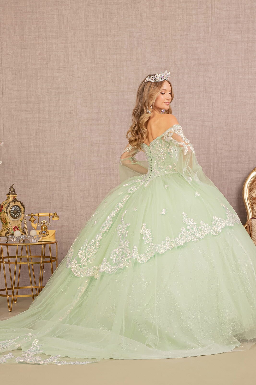 Off Shoulder Quinceañera Ball Gown with Glitter Tulle Sequin Embroidery Dress by Elizabeth K GL3109