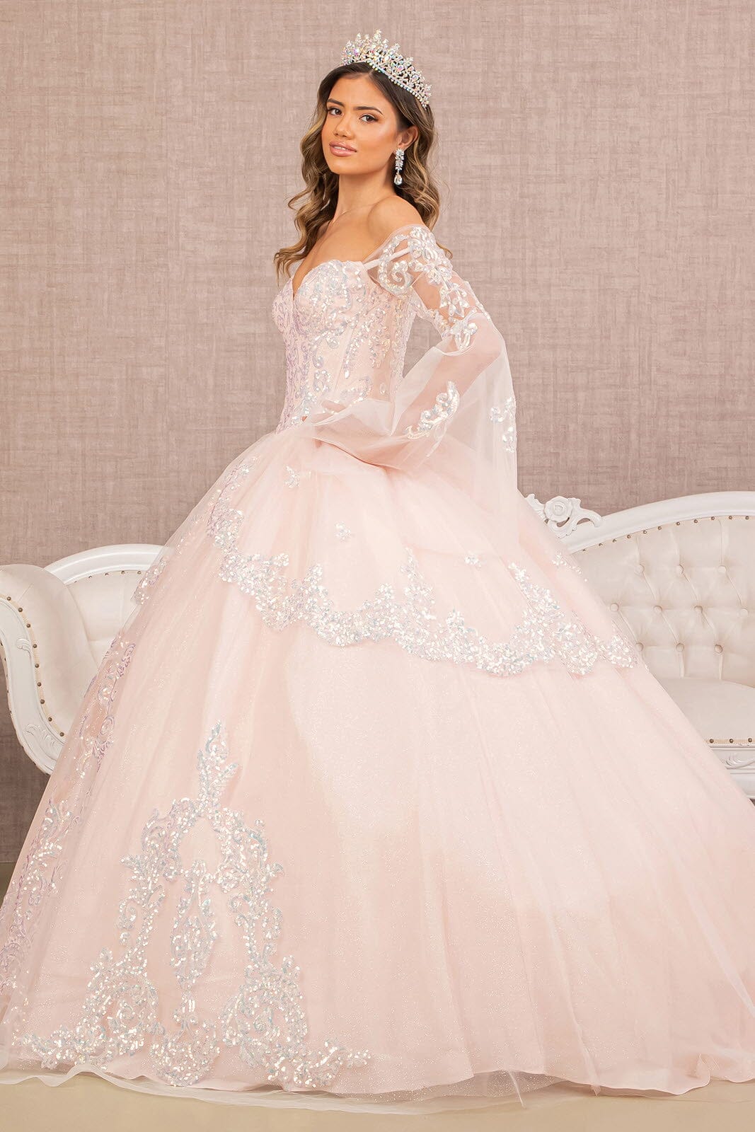 Off Shoulder Quinceañera Ball Gown with Glitter Tulle Sequin Embroidery Dress by Elizabeth K GL3109