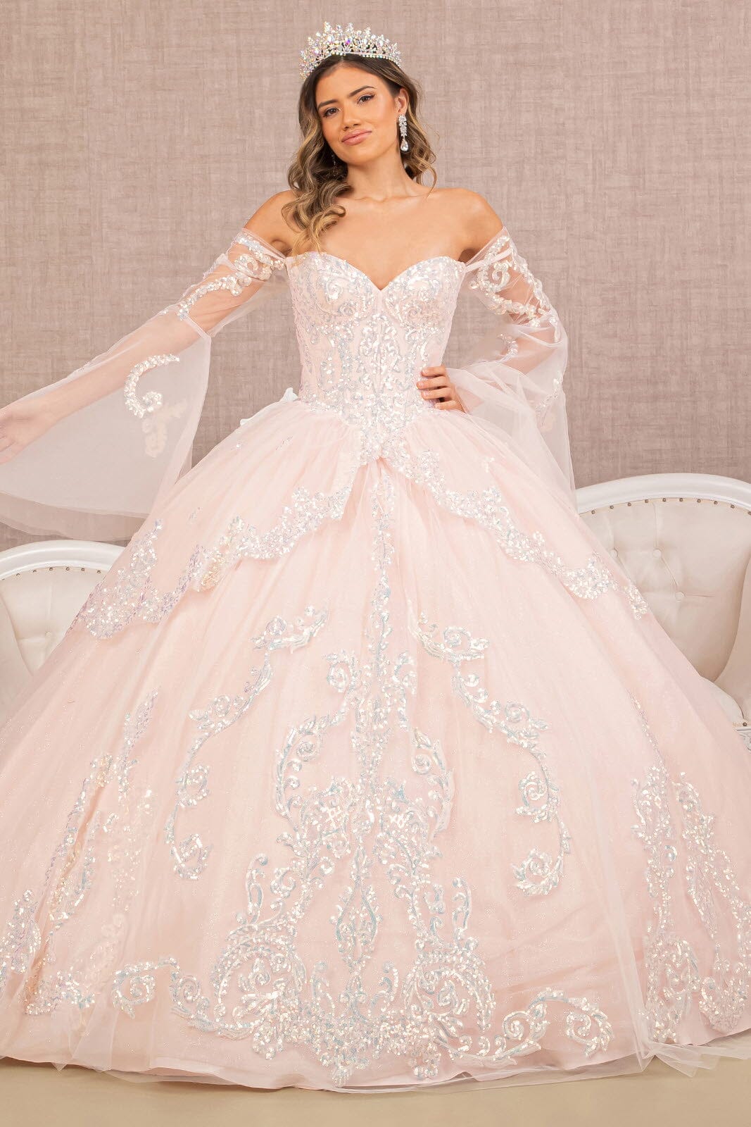 Off Shoulder Quinceañera Ball Gown with Glitter Tulle Sequin Embroidery Dress by Elizabeth K GL3109