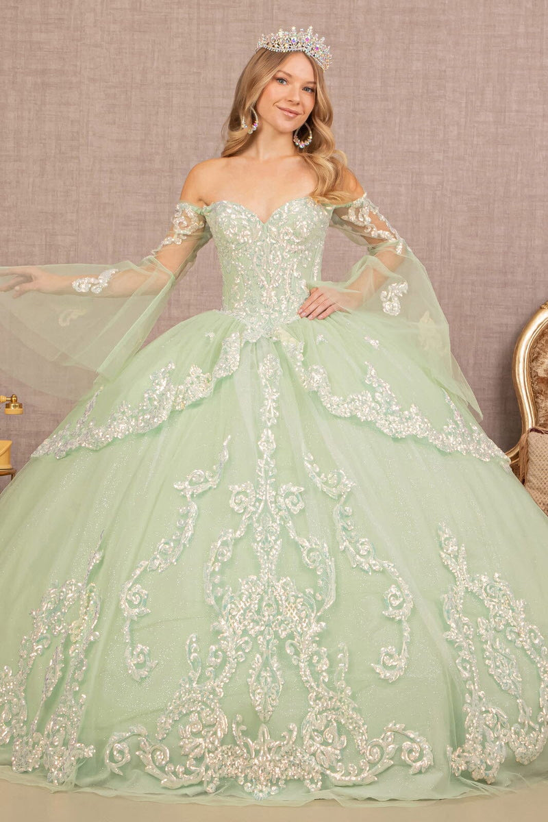 Off Shoulder Quinceañera Ball Gown with Glitter Tulle Sequin Embroidery Dress by Elizabeth K GL3109