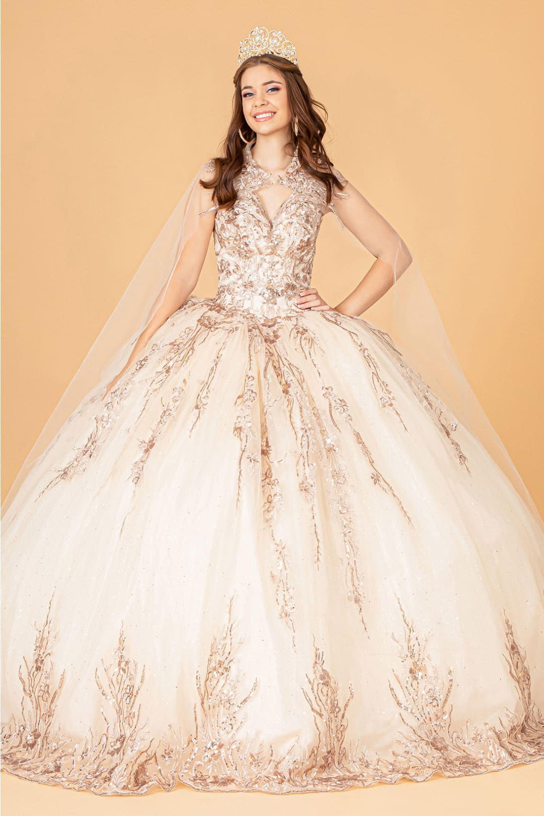 Embroidered Cape Ball Gown by Elizabeth K GL3076