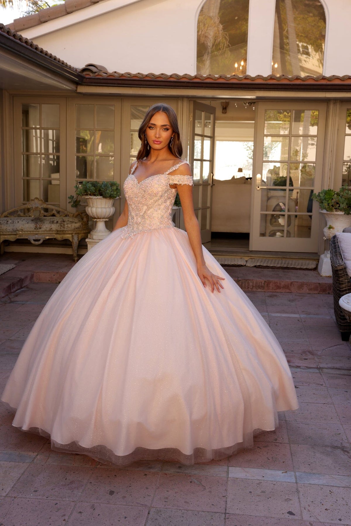 Juliet 1430 Cold Shoulder Embroidered Tulle Quinceanera Dress with Corset Back