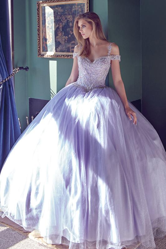 Juliet 1430 Cold Shoulder Embroidered Tulle Quinceanera Dress with Corset Back