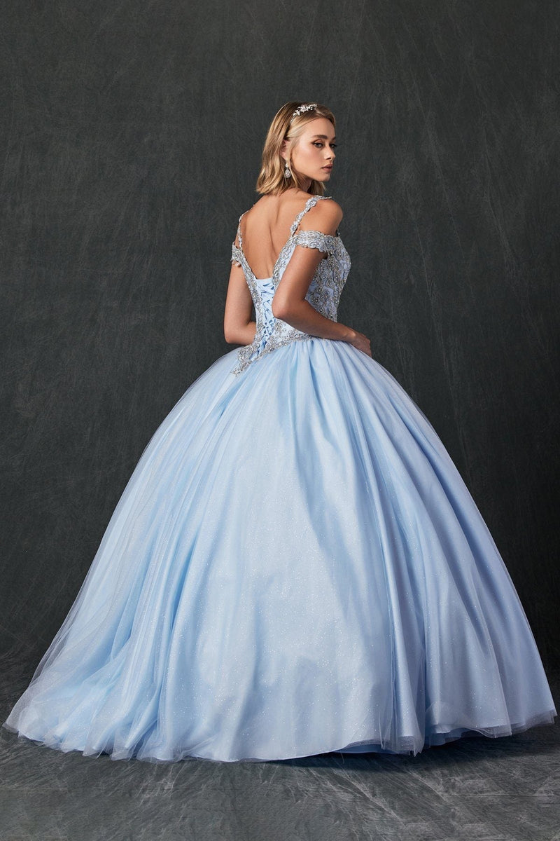 Juliet 1430 Cold Shoulder Embroidered Tulle Quinceanera Dress with Corset Back