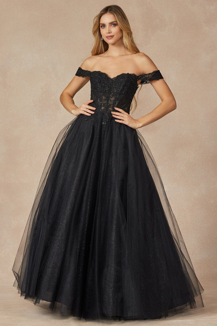 Juliet 280 Embroidered Illusion Bodice Glitter Tulle Off Shoulder Dress