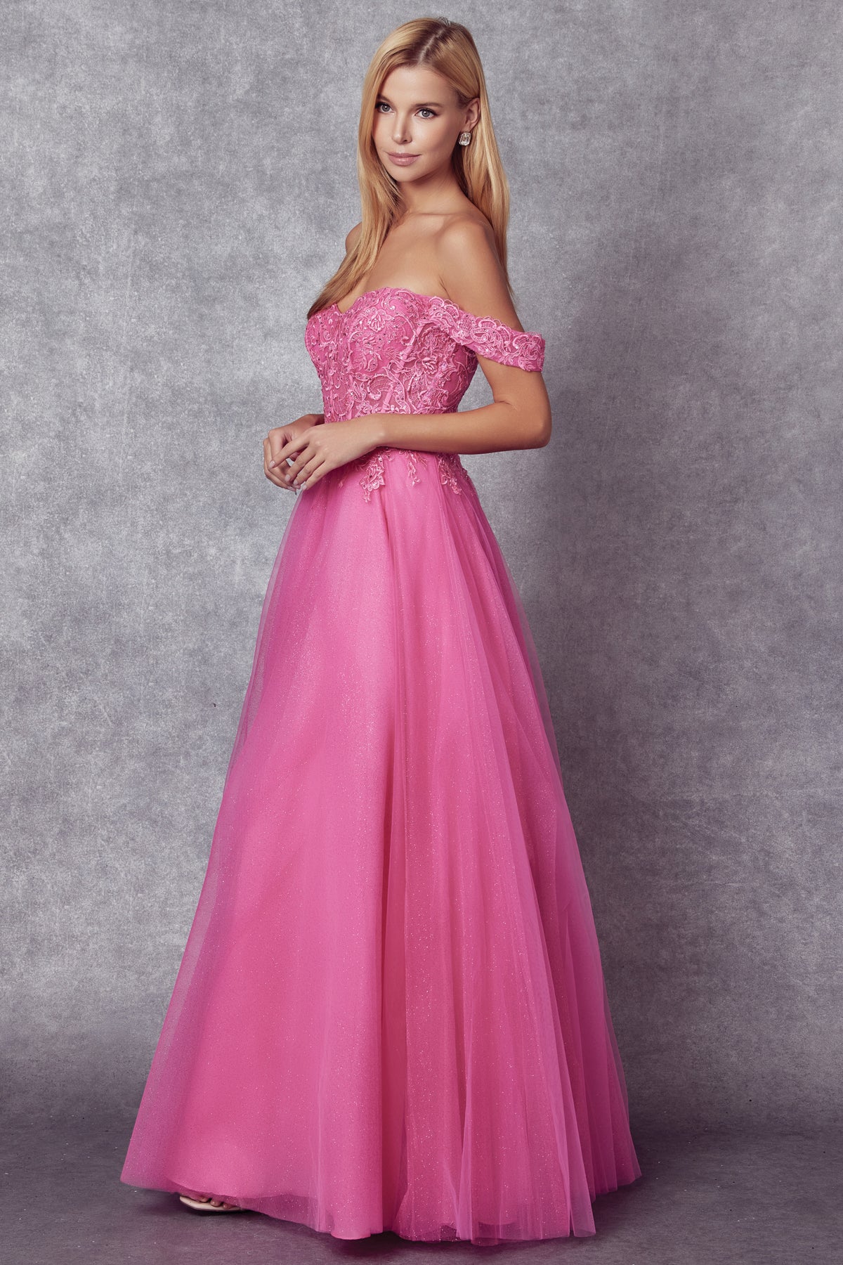 Juliet 280 Embroidered Illusion Bodice Glitter Tulle Off Shoulder Dress