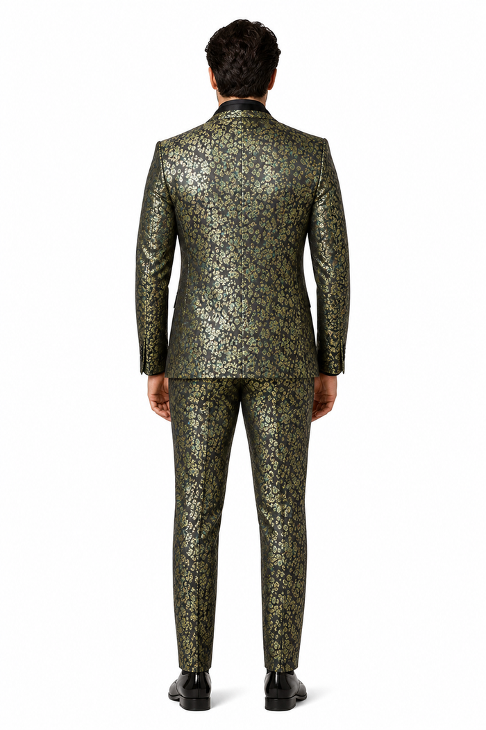 Emerald Green and Gold Floral Tuxedo Suit for Men Perfect Prom or Wedding Suit